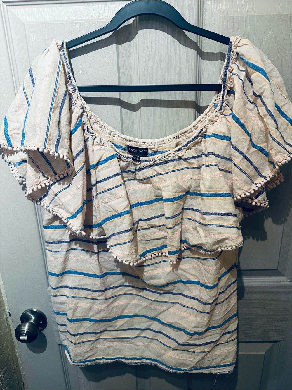 Lane Bryant Cream Top with Blue and Light Pink Stripes